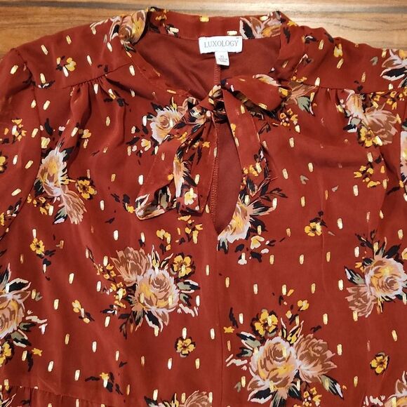 Luxology women's XL ruffled bronze floral print long sleeve dress - Picture 2 of 6